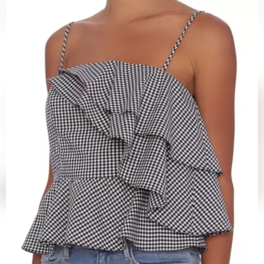 Intermix Asymmetrical Ruffled Cotton Gingham Top Small Black White